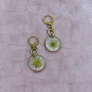 Real flower pressed gold dangly earrings